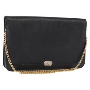 Christian Dior Chain Shoulder Bag Leather Black Gold Auth ka999